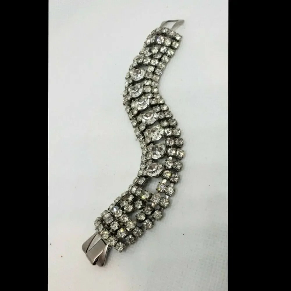 Vintage Bracelet Clear Rhinestone Chunky Wide Wedding Jewelry Juliana